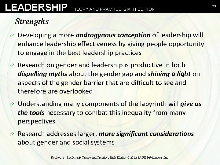 LEADERSHIP THEORY AND PRACTICE SIXTH EDITION Strengths ÷ Developing a more androgynous conception of