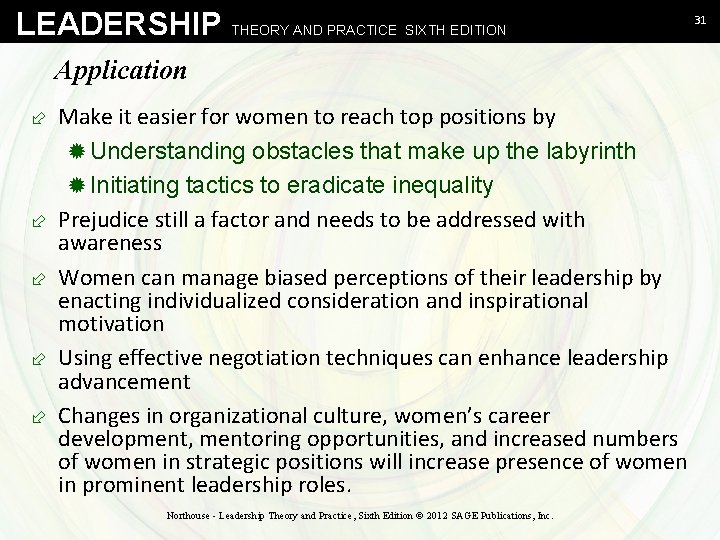 LEADERSHIP THEORY AND PRACTICE SIXTH EDITION Application ÷ Make it easier for women to
