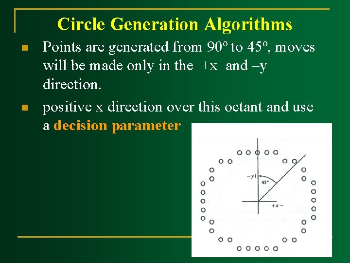 Circle Generation Algorithms n n Points are generated from 90º to 45º, moves will