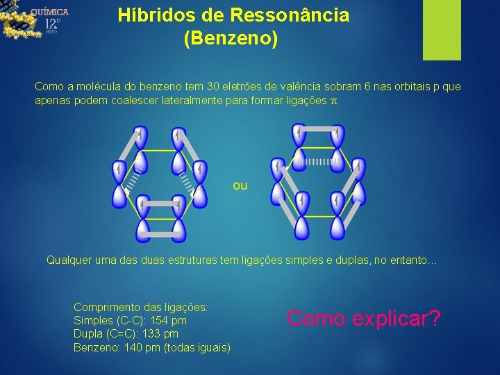 Híbridos de Ressonância (Benzeno) Como a molécula do benzeno tem 30 eletrões de valência