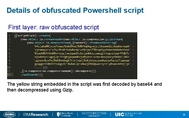 Details of obfuscated Powershell script First layer: raw obfuscated script The yellow string embedded