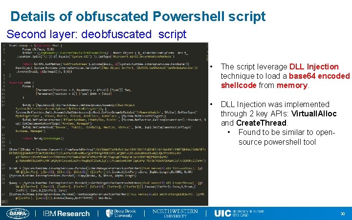 Details of obfuscated Powershell script Second layer: deobfuscated script • The script leverage DLL