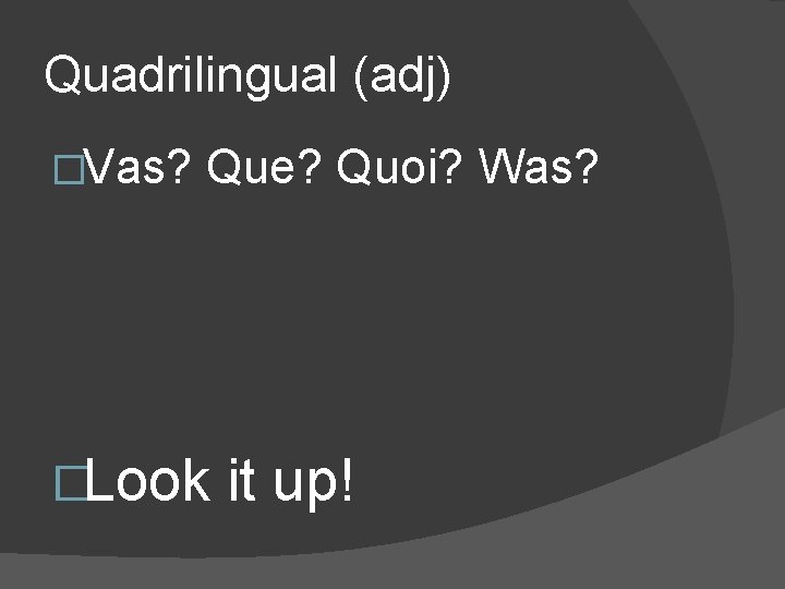 Quadrilingual (adj) �Vas? Que? Quoi? Was? �Look it up! 