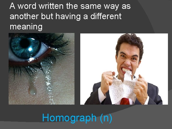 A word written the same way as another but having a different meaning Homograph