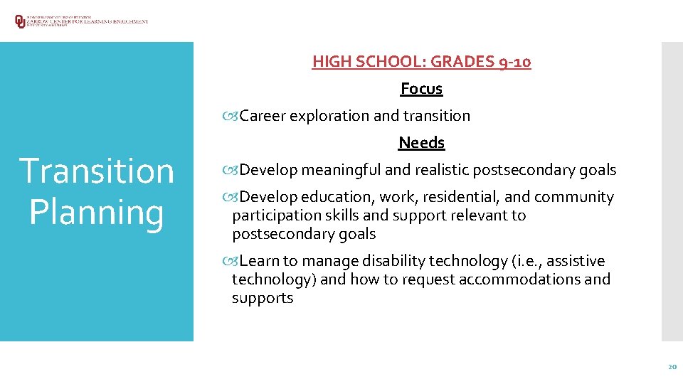 HIGH SCHOOL: GRADES 9 -10 Focus Career exploration and transition Transition Planning Needs Develop
