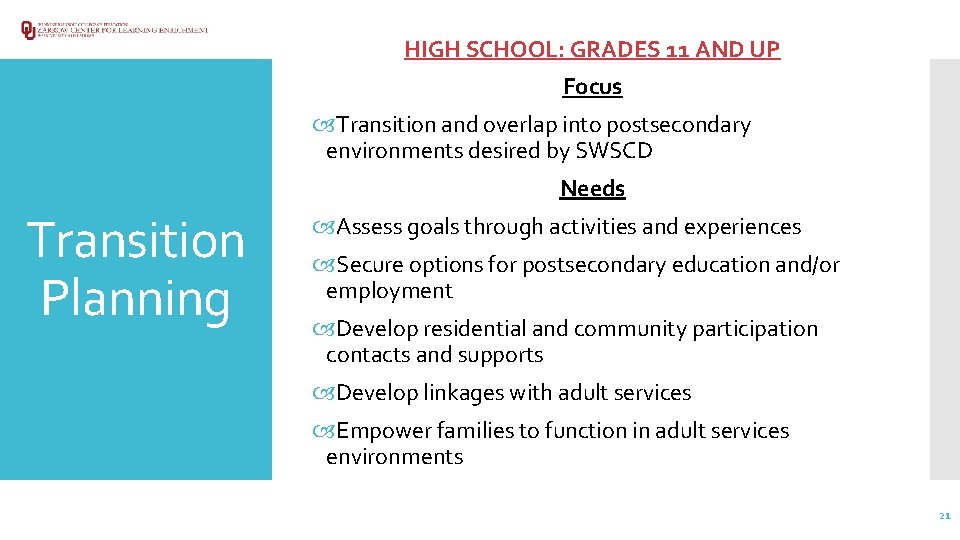 HIGH SCHOOL: GRADES 11 AND UP Focus Transition and overlap into postsecondary environments desired