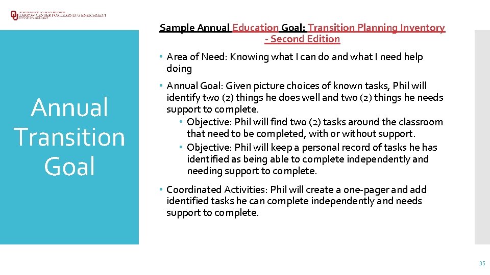 Sample Annual Education Goal: Transition Planning Inventory - Second Edition • Area of Need: