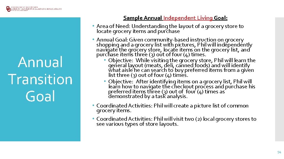 Annual Transition Goal Sample Annual Independent Living Goal: • Area of Need: Understanding the