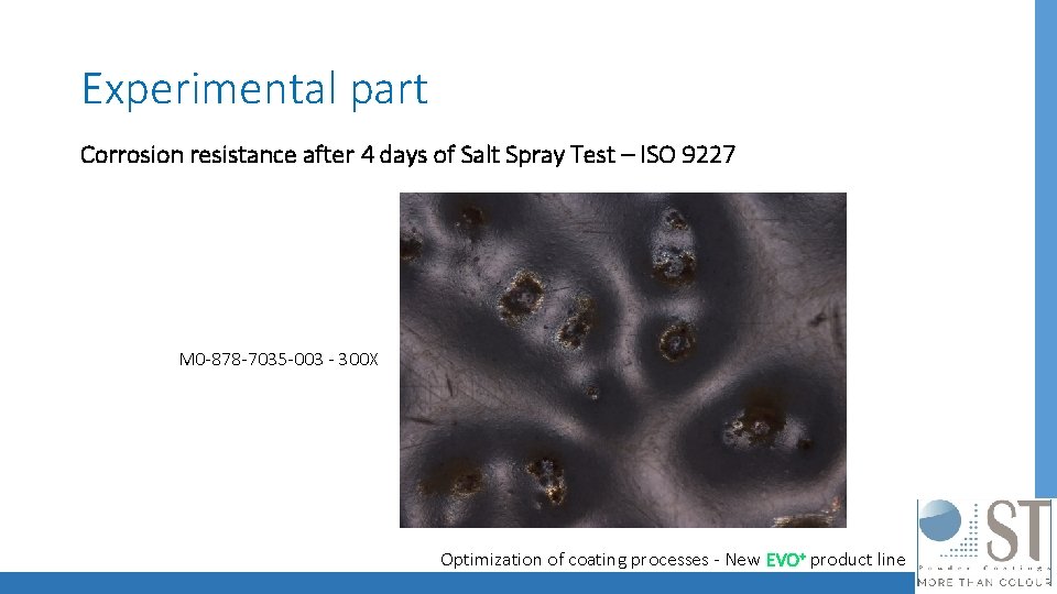 Experimental part Corrosion resistance after 4 days of Salt Spray Test – ISO 9227