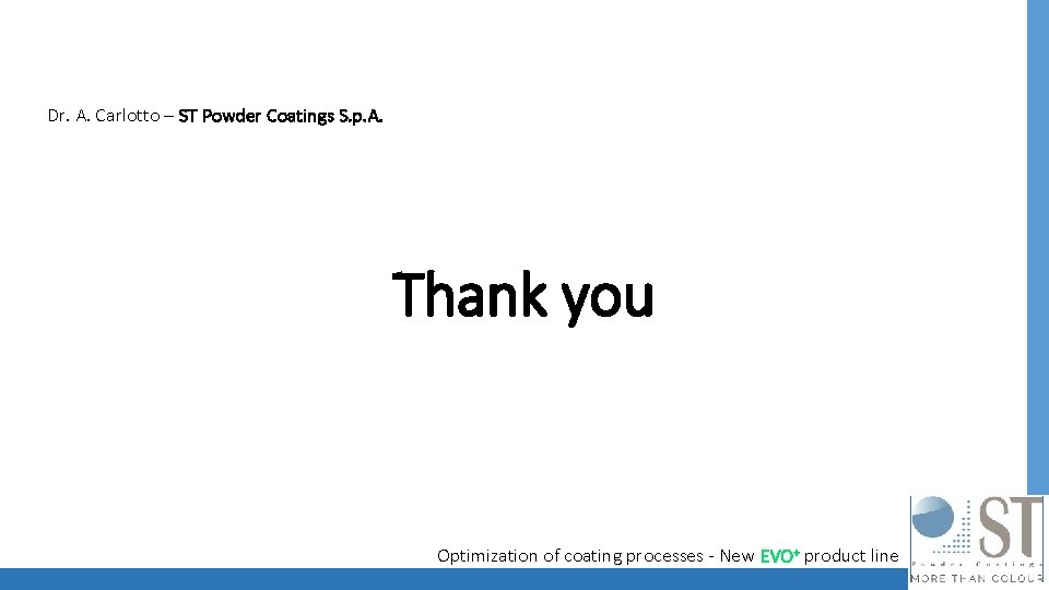 Dr. A. Carlotto – ST Powder Coatings S. p. A. Thank you Optimization of