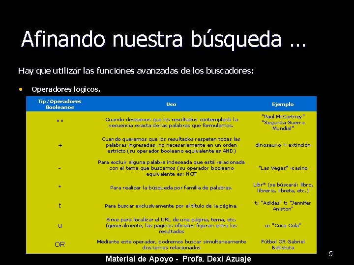 Afinando nuestra búsqueda … Hay que utilizar las funciones avanzadas de los buscadores: •