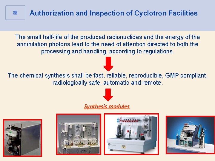 Authorization and Inspection of Cyclotron Facilities The small half-life of the produced radionuclides and Authorization and Inspection of Cyclotron Facilities The small half-life of the produced radionuclides and