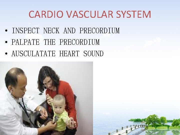 CARDIO VASCULAR SYSTEM • INSPECT NECK AND PRECORDIUM • PALPATE THE PRECORDIUM • AUSCULATATE