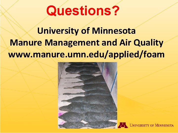 Questions? University of Minnesota Manure Management and Air Quality www. manure. umn. edu/applied/foam 