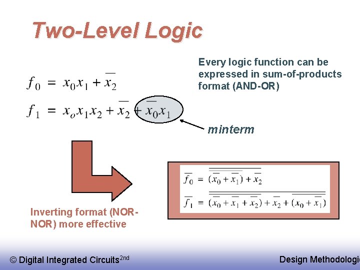 Two-Level Logic Every logic function can be expressed in sum-of-products format (AND-OR) minterm Inverting