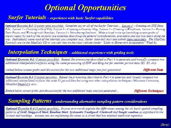 Optional Opportunities Surfer Tutorials – experience with basic Surfer capabilities Interpolation Techniques – additional