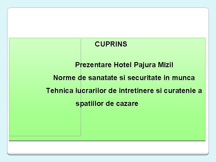 CUPRINS Prezentare Hotel Pajura Mizil Norme de sanatate si securitate in munca Tehnica lucrarilor