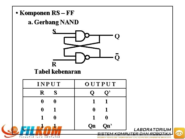  • Komponen RS – FF a. Gerbang NAND S Q Q R Tabel