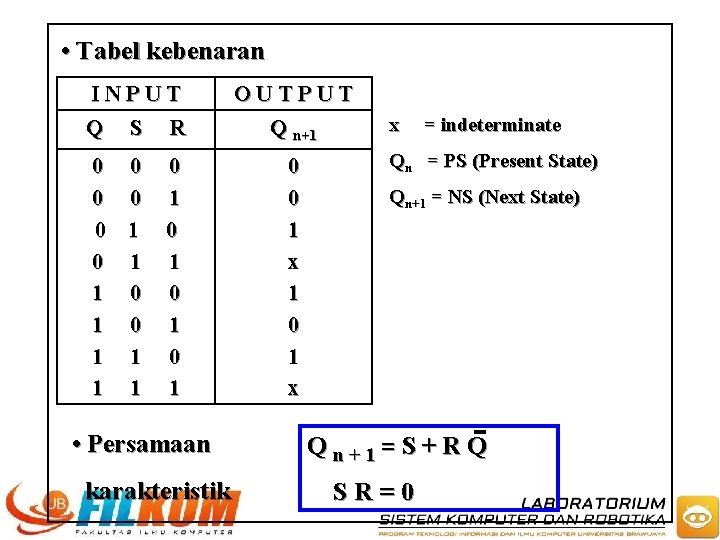  • Tabel kebenaran INPUT Q S R 0 0 0 1 0 1