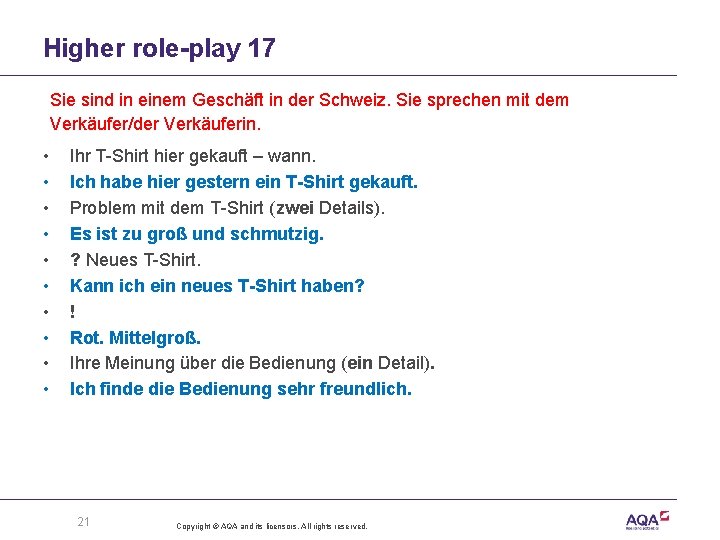 Higher role-play 17 Sie sind in einem Geschäft in der Schweiz. Sie sprechen mit