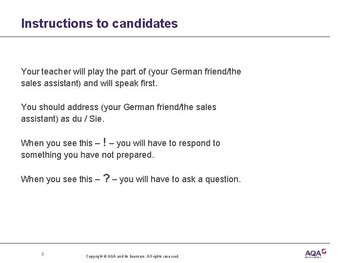 Instructions to candidates Your teacher will play the part of (your German friend/the sales