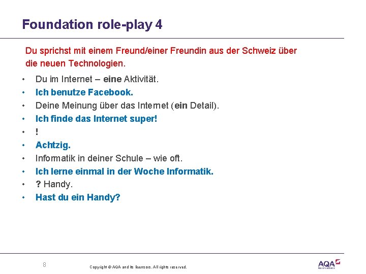 Foundation role-play 4 Du sprichst mit einem Freund/einer Freundin aus der Schweiz über die