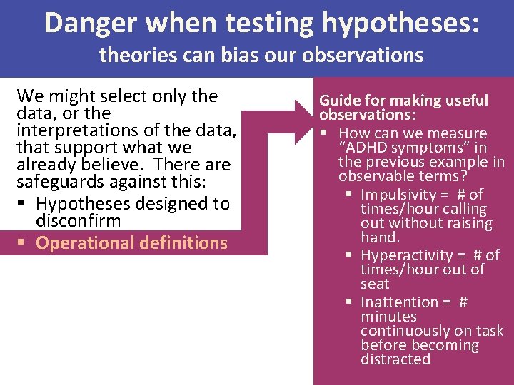 Danger when testing hypotheses: theories can bias our observations We might select only the