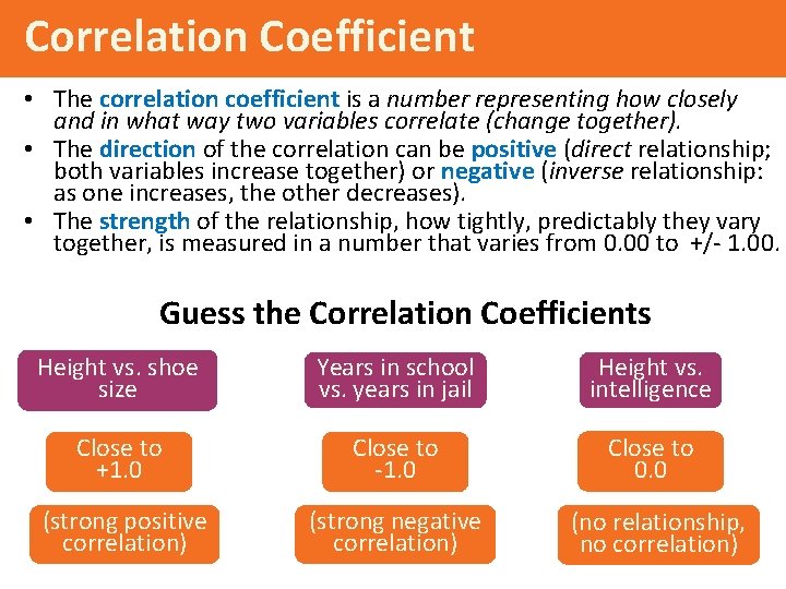 Correlation Coefficient • The correlation coefficient is a number representing how closely and in