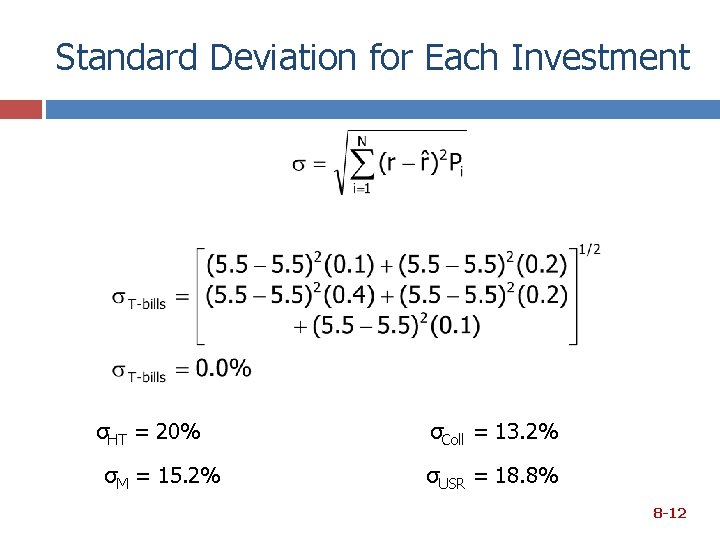 Standard Deviation for Each Investment σHT = 20% σM = 15. 2% σColl =