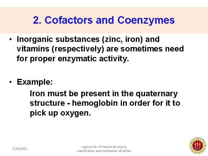 2. Cofactors and Coenzymes • Inorganic substances (zinc, iron) and vitamins (respectively) are sometimes
