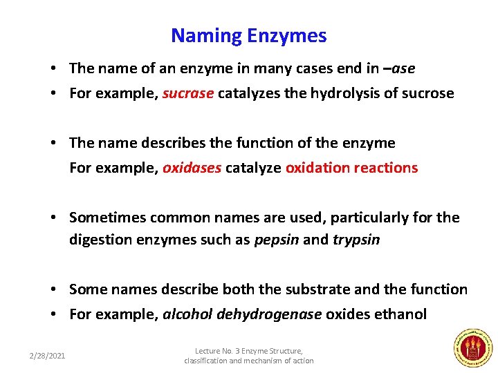 Naming Enzymes • The name of an enzyme in many cases end in –ase