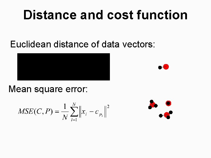 Distance and cost function Euclidean distance of data vectors: Mean square error: 