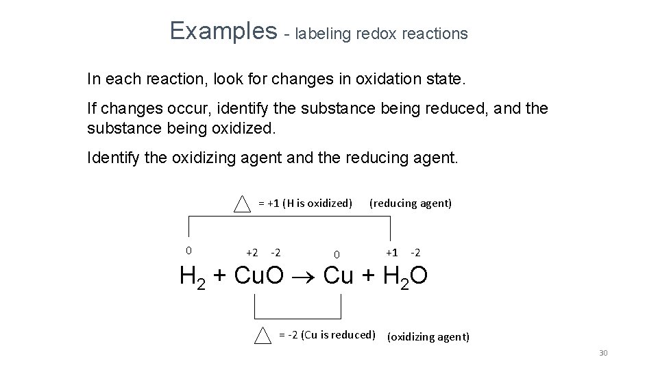 Examples - labeling redox reactions In each reaction, look for changes in oxidation state. Examples - labeling redox reactions In each reaction, look for changes in oxidation state.