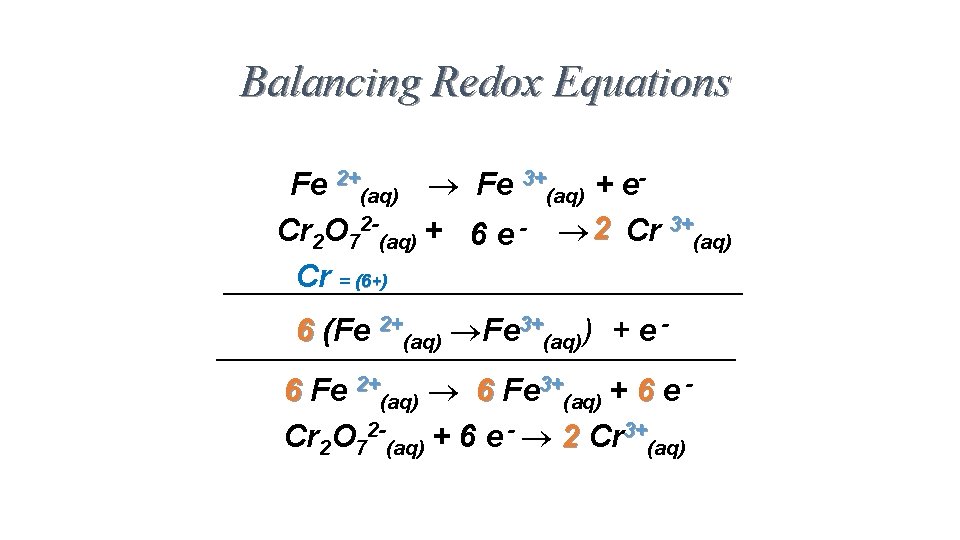Balancing Redox Equations Fe 2+(aq) Fe 3+(aq) + e. Cr 2 O 72 -(aq) Balancing Redox Equations Fe 2+(aq) Fe 3+(aq) + e. Cr 2 O 72 -(aq)