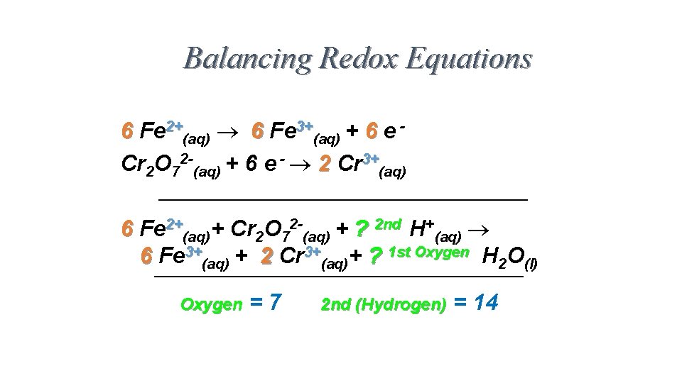 Balancing Redox Equations 6 Fe 2+(aq) 6 Fe 3+(aq) + 6 e Cr 2 Balancing Redox Equations 6 Fe 2+(aq) 6 Fe 3+(aq) + 6 e Cr 2