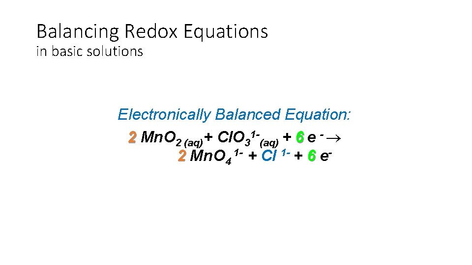 Balancing Redox Equations in basic solutions Electronically Balanced Equation: 2 Mn. O 2 (aq)+ Balancing Redox Equations in basic solutions Electronically Balanced Equation: 2 Mn. O 2 (aq)+