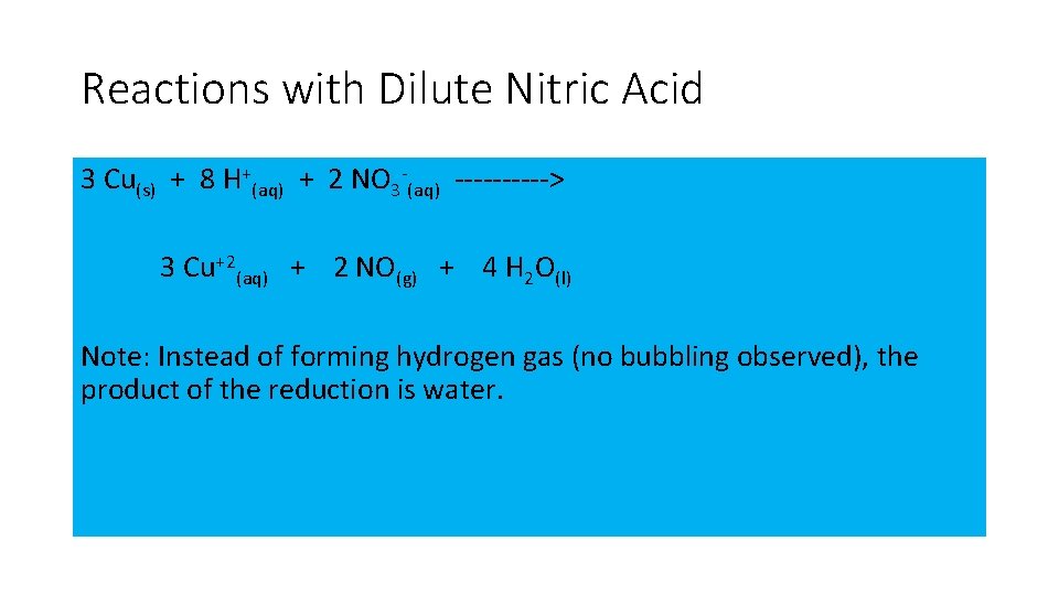 Reactions with Dilute Nitric Acid 3 Cu(s) + 8 H+(aq) + 2 NO 3 Reactions with Dilute Nitric Acid 3 Cu(s) + 8 H+(aq) + 2 NO 3