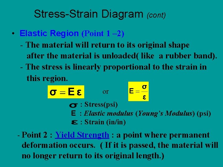 Stress-Strain Diagram (cont) • Elastic Region (Point 1 – 2) - The material will