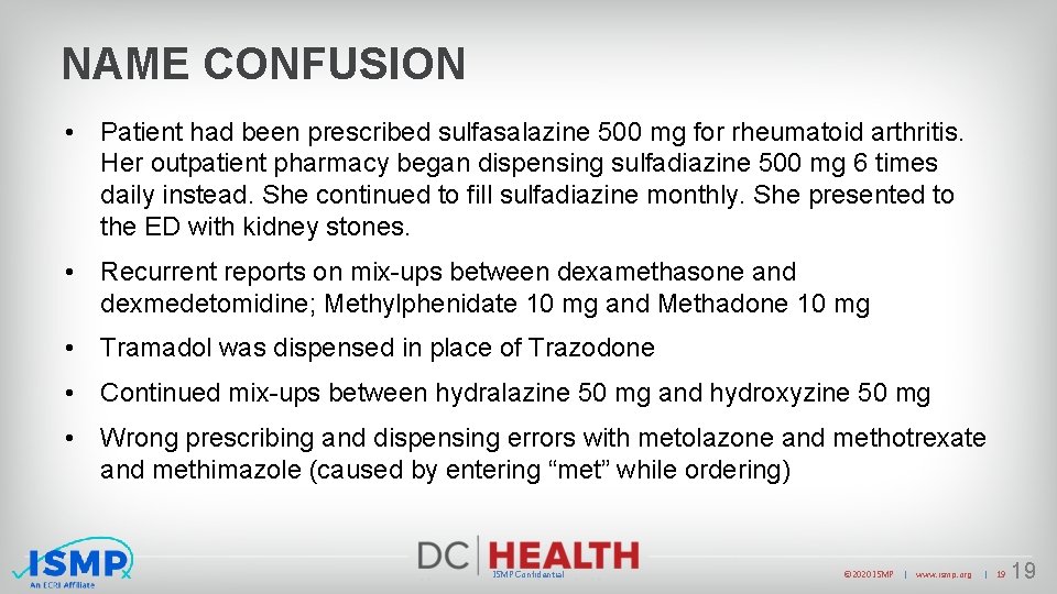 NAME CONFUSION • Patient had been prescribed sulfasalazine 500 mg for rheumatoid arthritis. Her