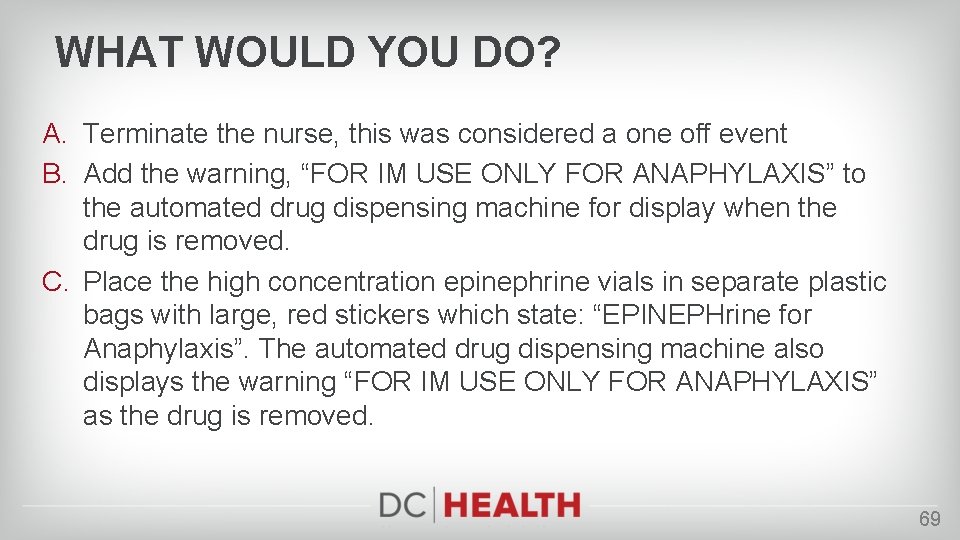 WHAT WOULD YOU DO? A. Terminate the nurse, this was considered a one off
