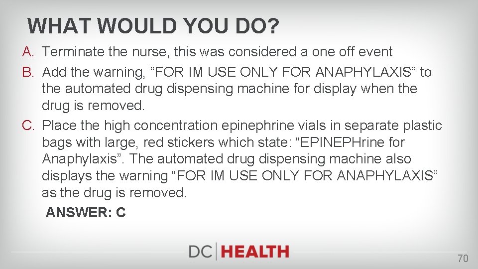 WHAT WOULD YOU DO? A. Terminate the nurse, this was considered a one off