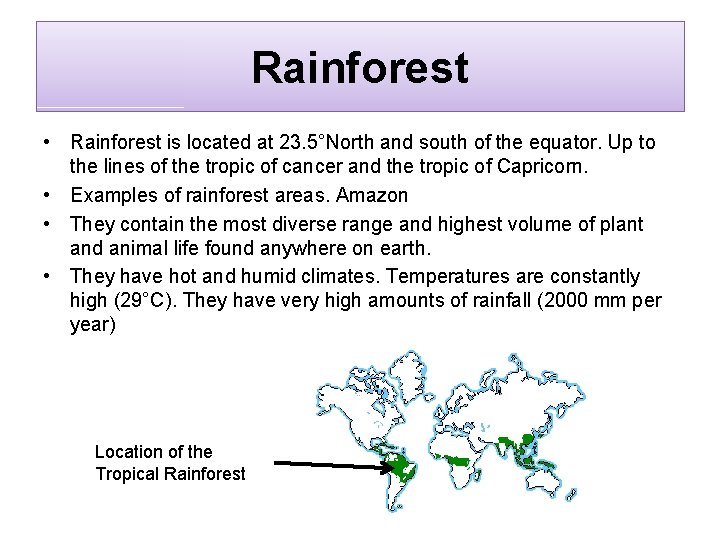 Rainforest • Rainforest is located at 23. 5°North and south of the equator. Up