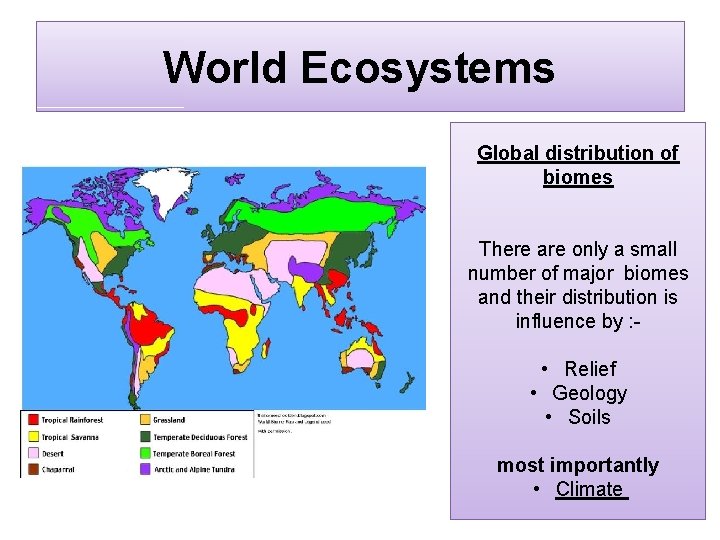 World Ecosystems Global distribution of biomes There are only a small number of major
