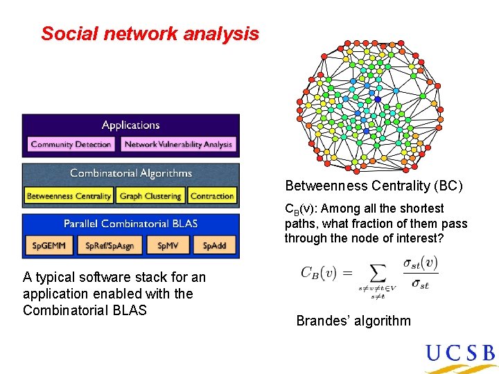 Social network analysis Betweenness Centrality (BC) CB(v): Among all the shortest paths, what fraction