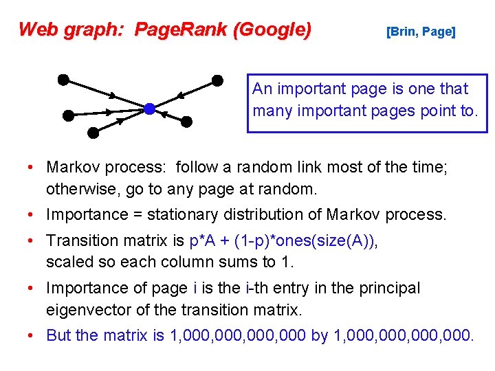 Web graph: Page. Rank (Google) [Brin, Page] An important page is one that many