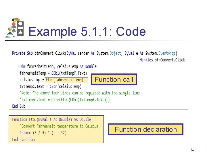 Example 5. 1. 1: Code Function call Function declaration 14 