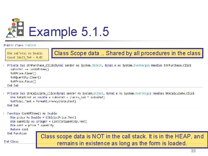 Example 5. 1. 5 Class Scope data. . Shared by all procedures in the