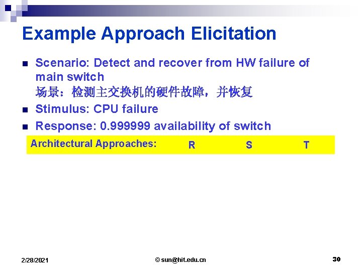 Example Approach Elicitation n Scenario: Detect and recover from HW failure of main switch