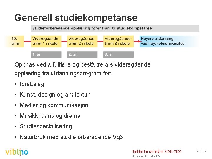 Generell studiekompetanse Oppnås ved å fullføre og bestå tre års videregående opplæring fra utdanningsprogram