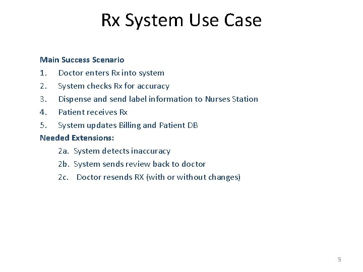 Rx System Use Case Main Success Scenario 1. Doctor enters Rx into system 2.